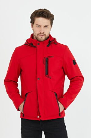 Mero Life Erkek Kırmızı Kapüşonlu Su Ve Rüzgar Geçirmez Softshell Mont